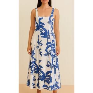 Tahari Linen Blend Floral Tropical Square Neck Sleeveless Midi Dress White 4